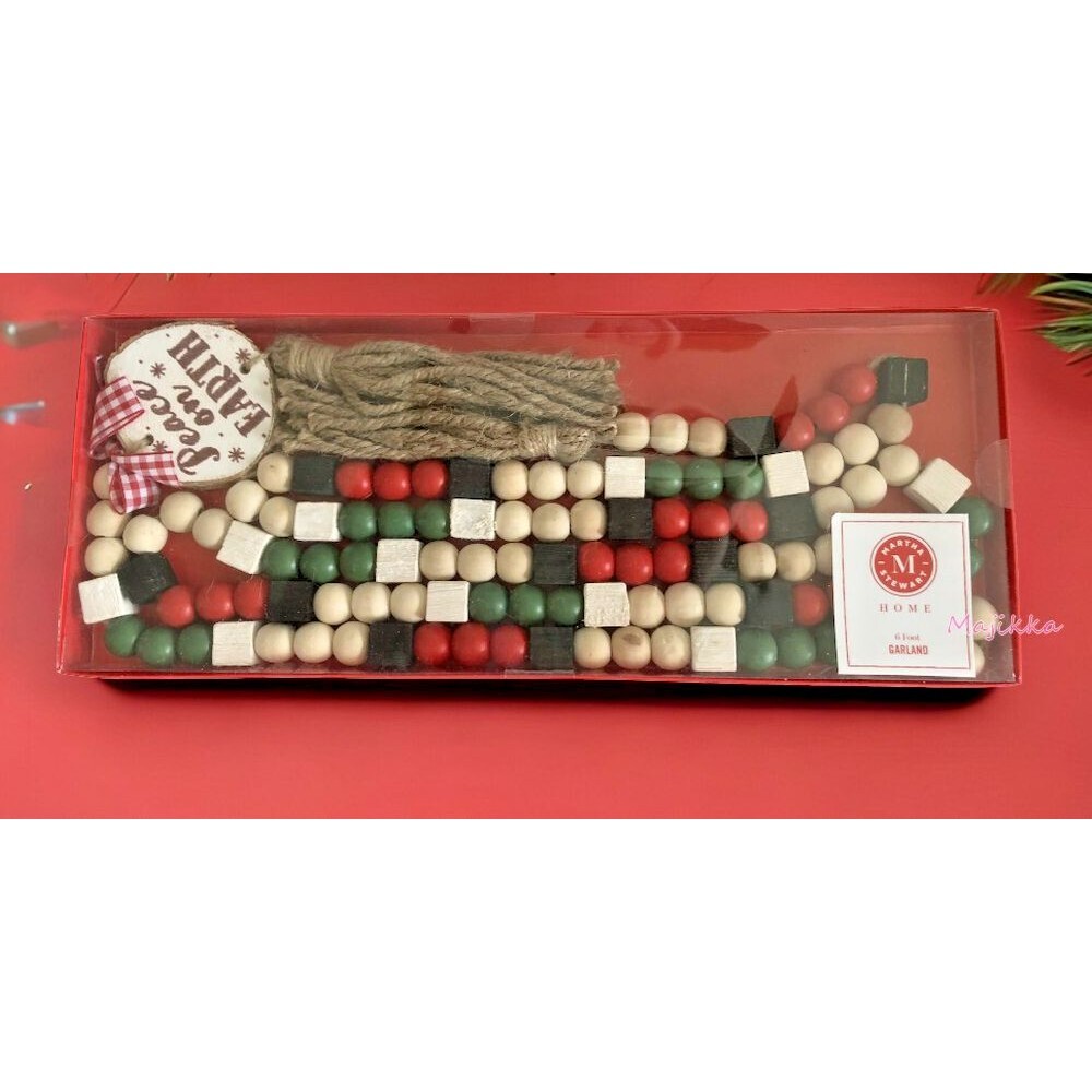 Martha Stewart Christmas Garland Wooden Beads Jute Tassels 6 Foot Peace On Earth